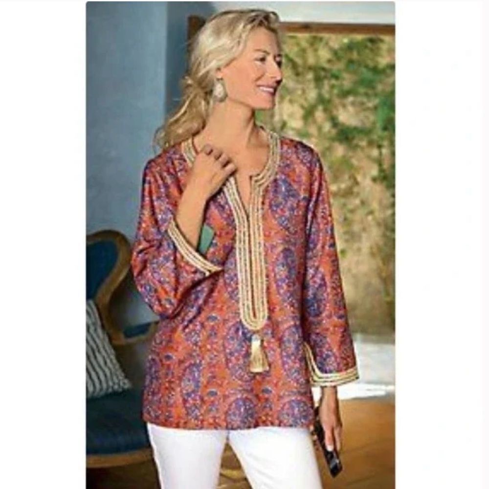 Soft Surroundings Moroccan Embroidered Embellished Tunic Top